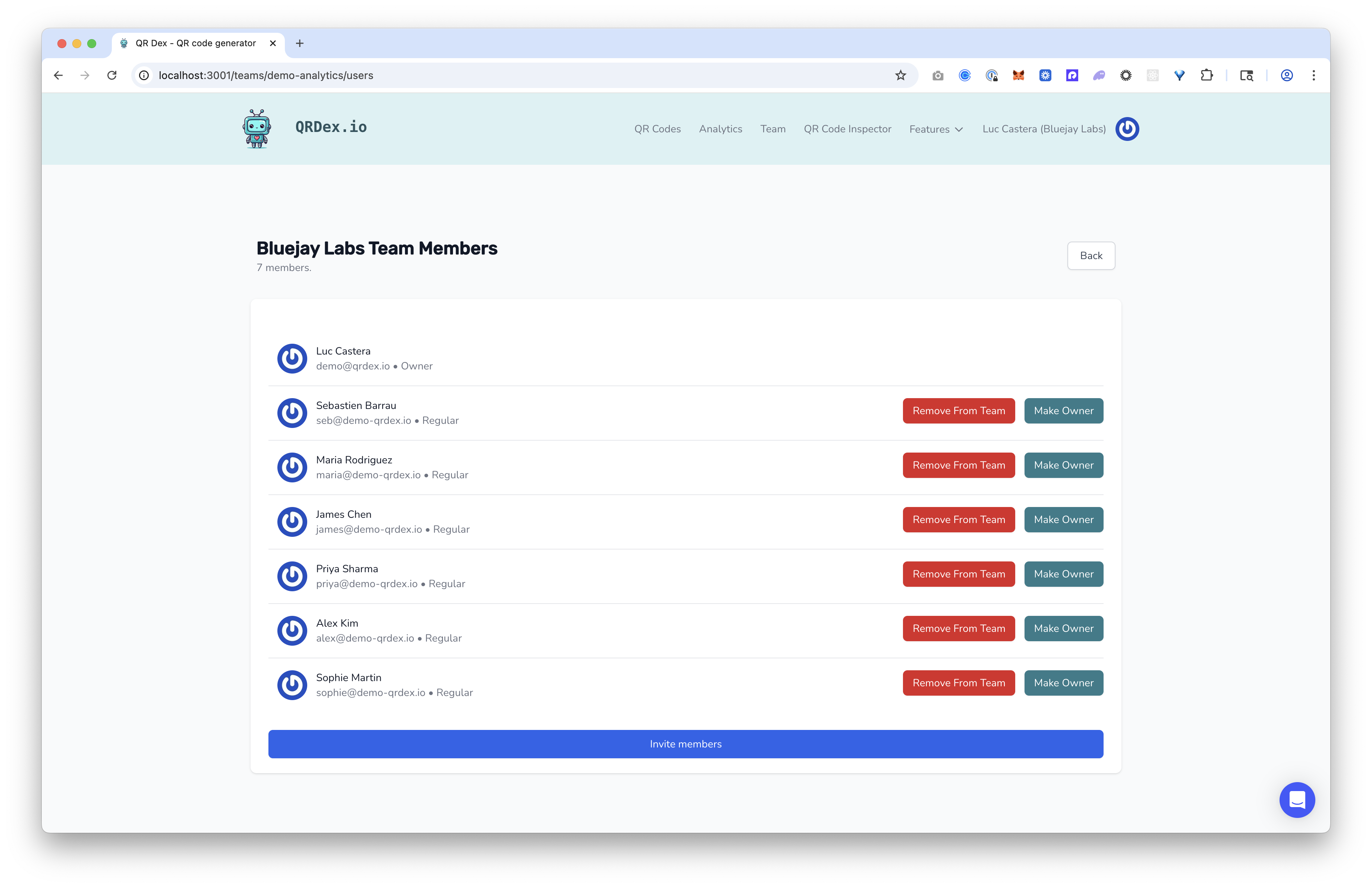 QRDex Analytics dashboard showing scan analytics and management tools