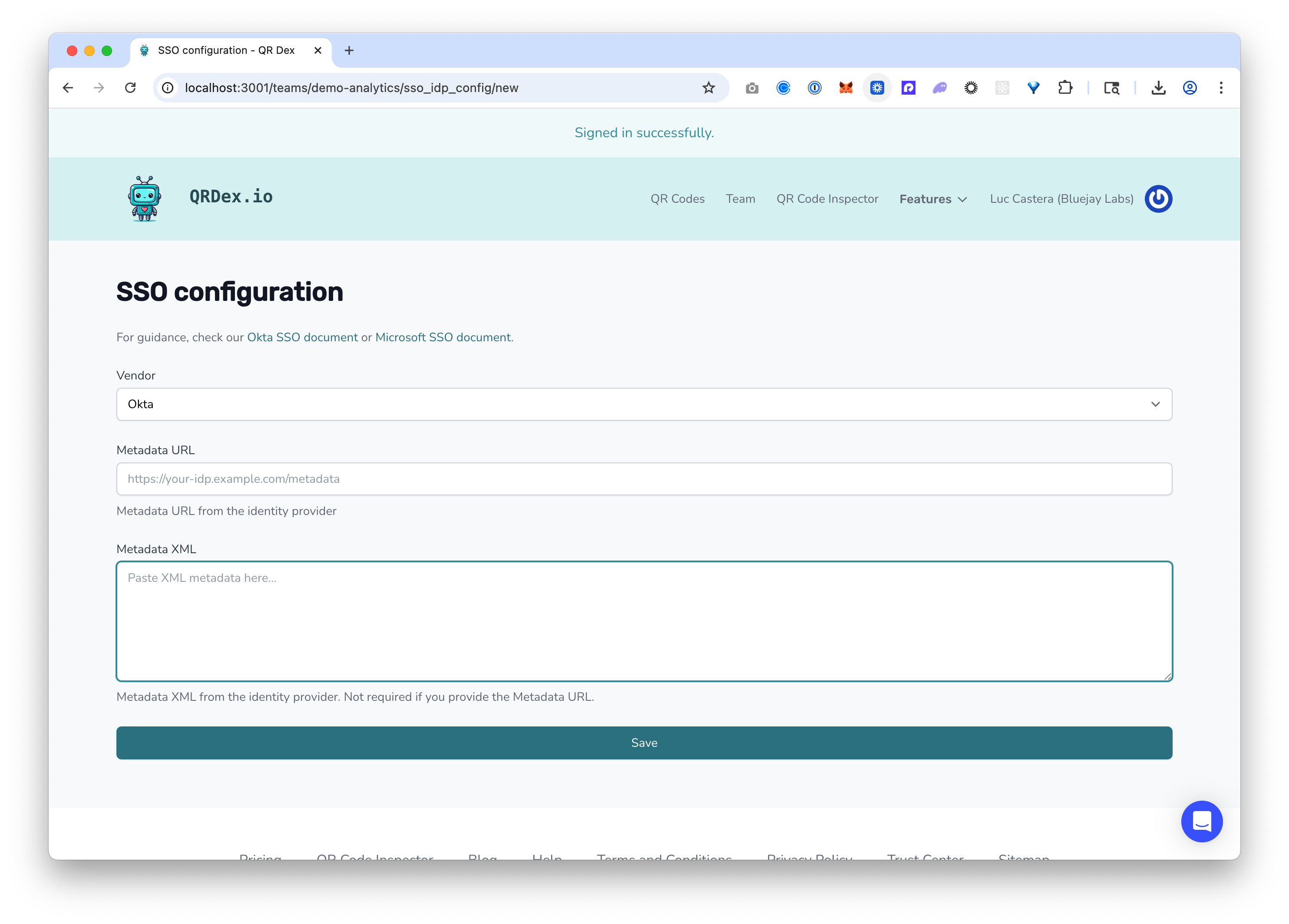QRDex SSO configuration settings showing Okta and Microsoft vendor selection, metadata URL field, and metadata XML input